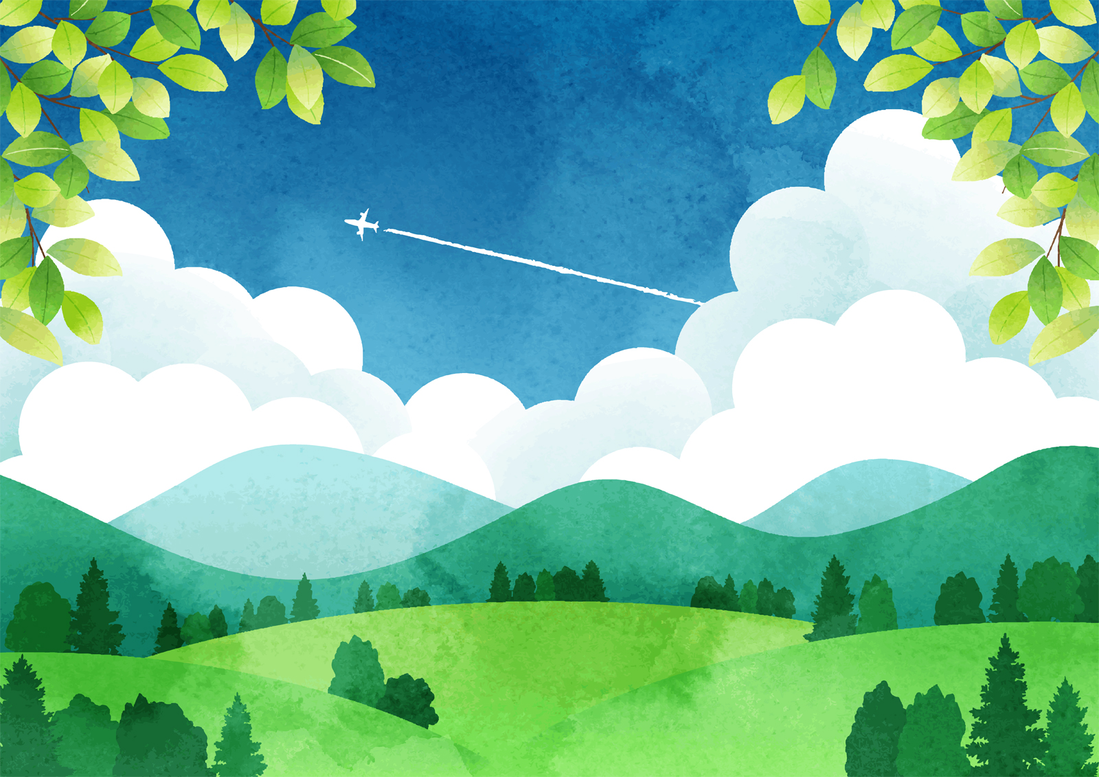 青空を飛ぶ飛行機とその後ろにできた飛行機雲のイラスト