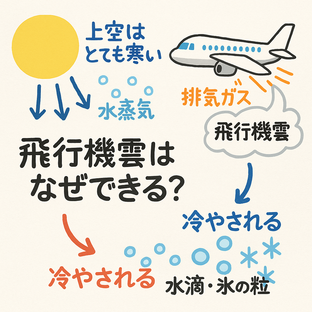 飛行機雲ができる仕組みを示した図解:上空の気温や水蒸気の影響で飛行機の排気が雲になる様子を説明