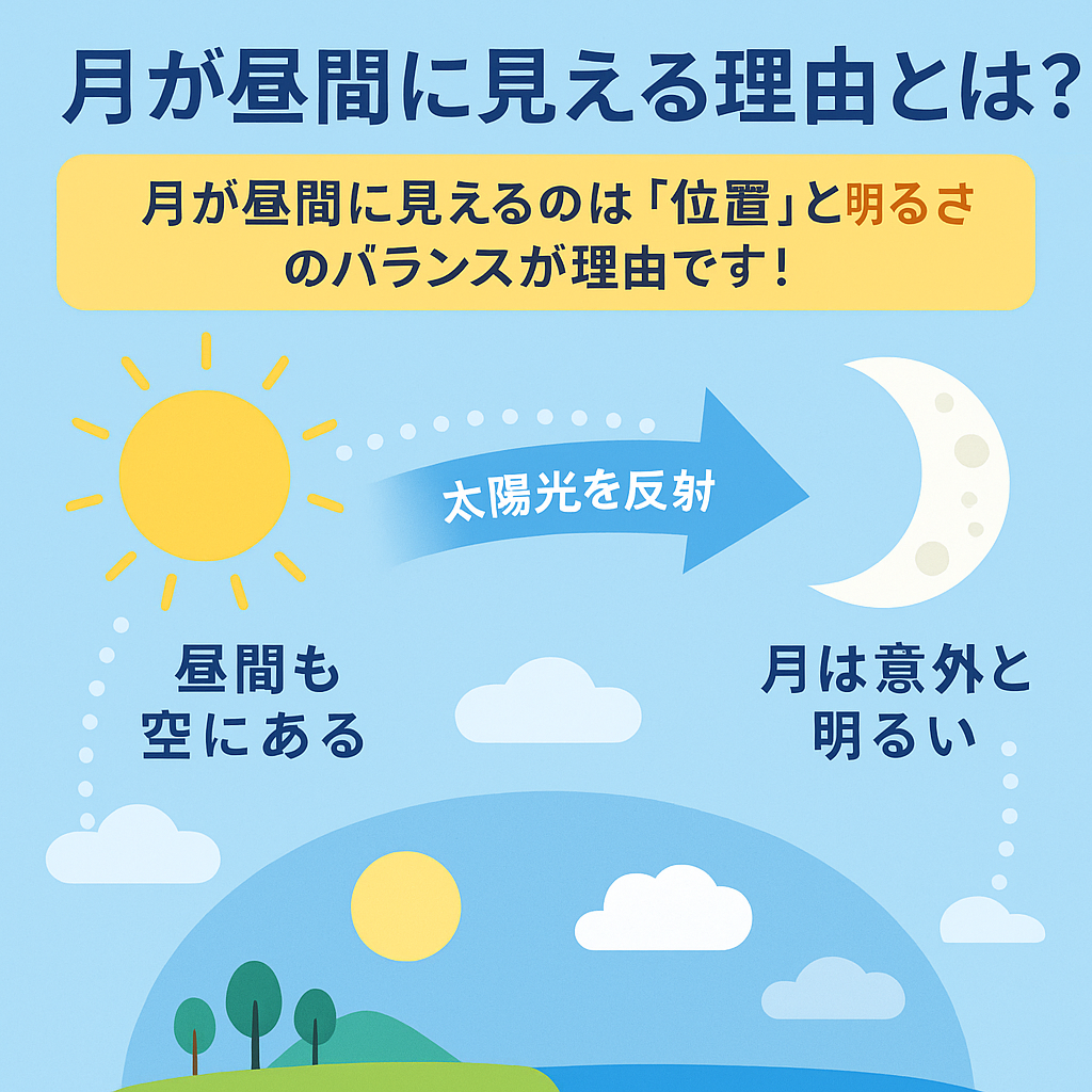 月が昼間に見える理由を図で説明したイラスト(太陽・地球・月の位置関係)