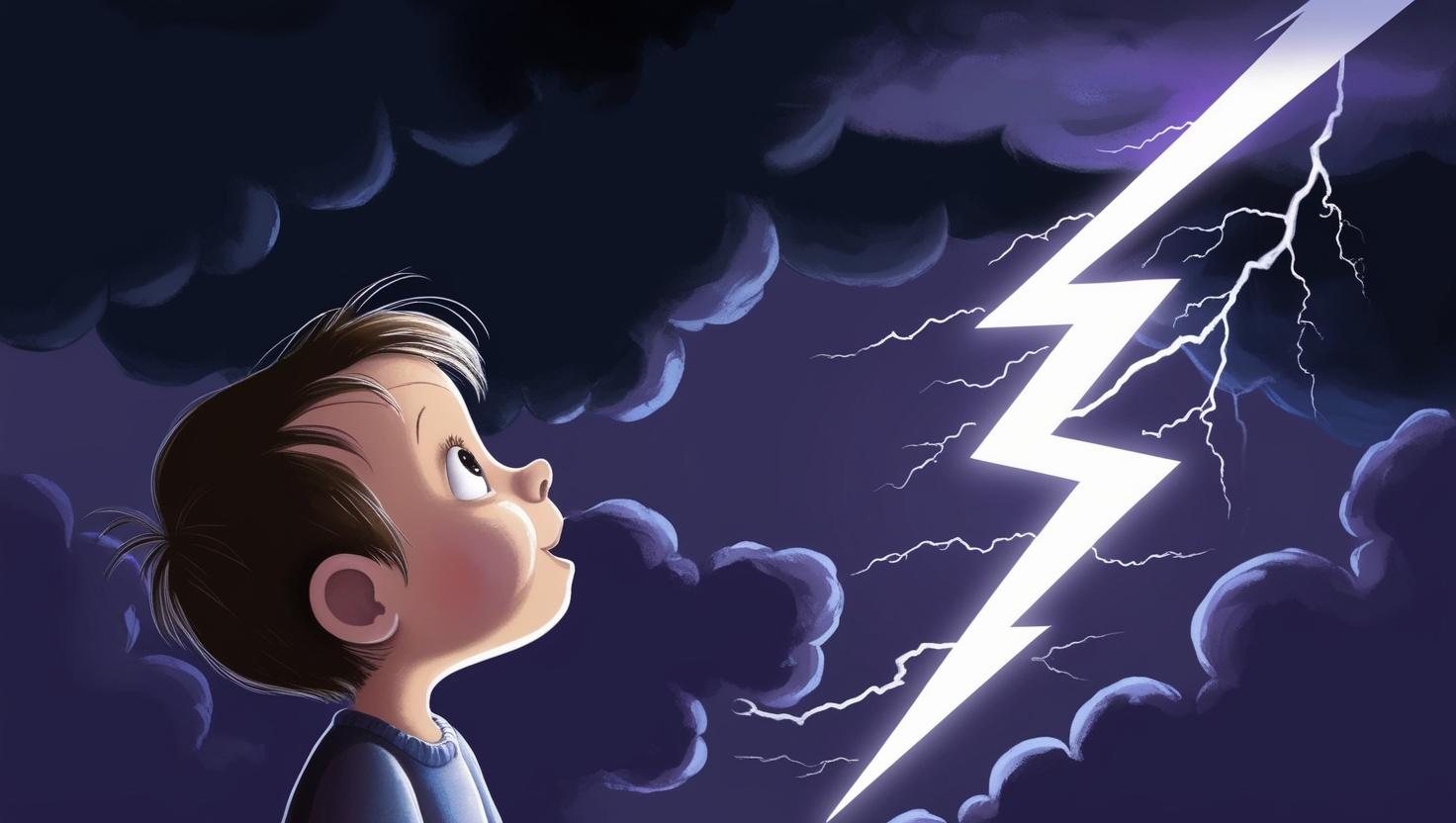 空に雷が走る様子と、それを見上げる子どものイラスト