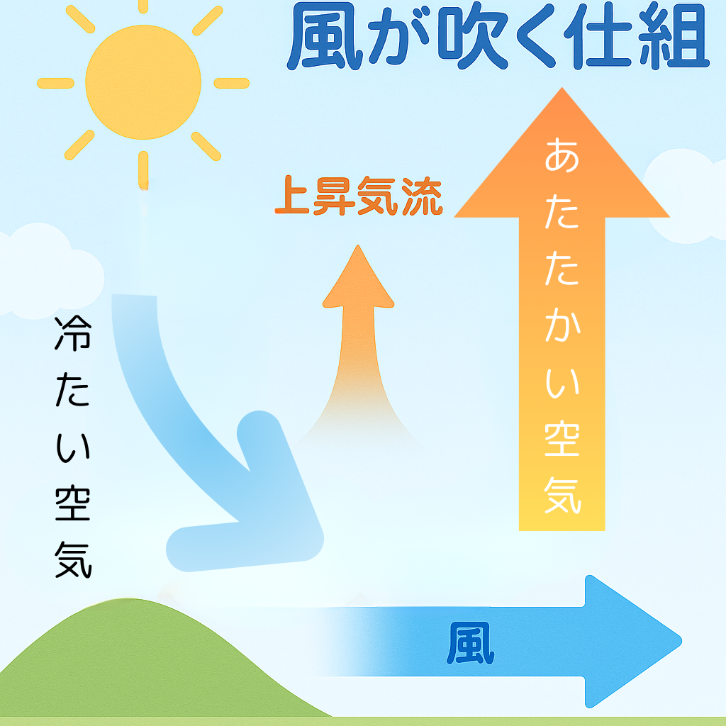 太陽の熱で上昇する暖かい空気と、そこに流れ込む冷たい空気の仕組みを示す図解