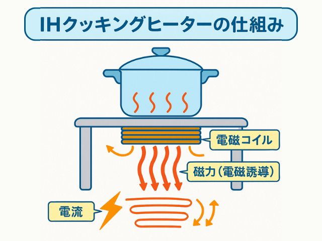 IHクッキングヒーターの内部構造と加熱の仕組みを図解したイラスト
