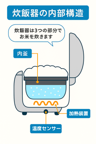 「炊飯器の仕組みを図解で解説|内釜・加熱方式・センサーの役割」